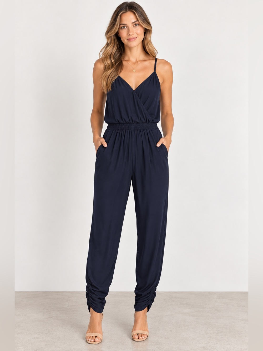 Parker Liv 100% Silk Ruched Hem Jumpsuit Dark Navy Blue M